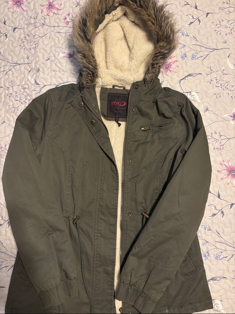 Yoki Olive Utility Hooded Parka with Faux-Fur Trim